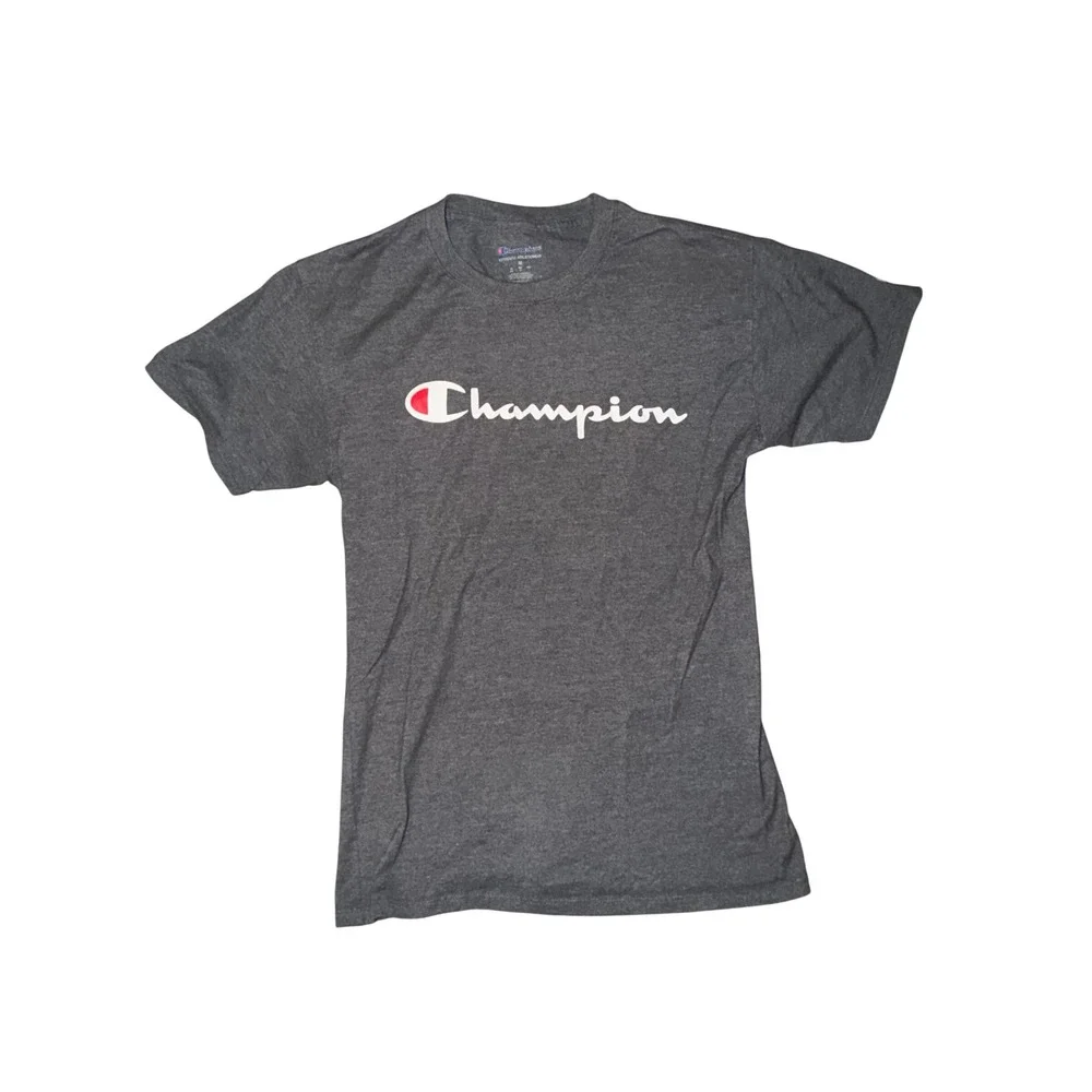 Champion Mens Graphic T-Shirt Charcoal Heather Gray Script Logo GT23H AE9 Size M - Picture 2 of 6